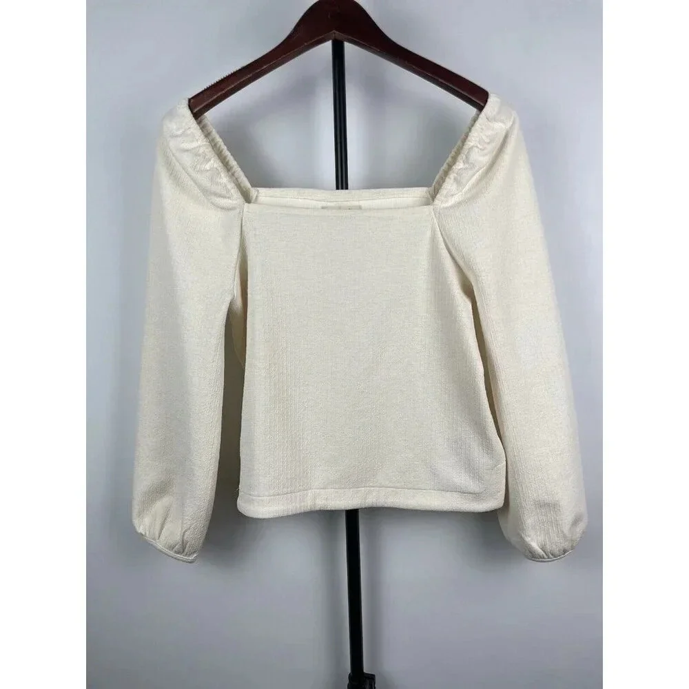 Madewell Antique Cream Crepe Square-Neck‎ Long Puff-Sleeve Blouse Size XS